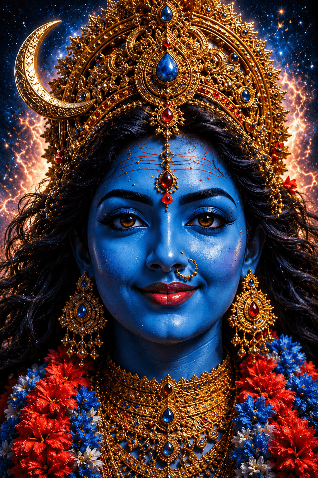 Serene Maa Mahakali with blue complexion, ornate golden crown, crescent moon, floral garland, and glowing cosmic background in stunning 4K, free to download.
