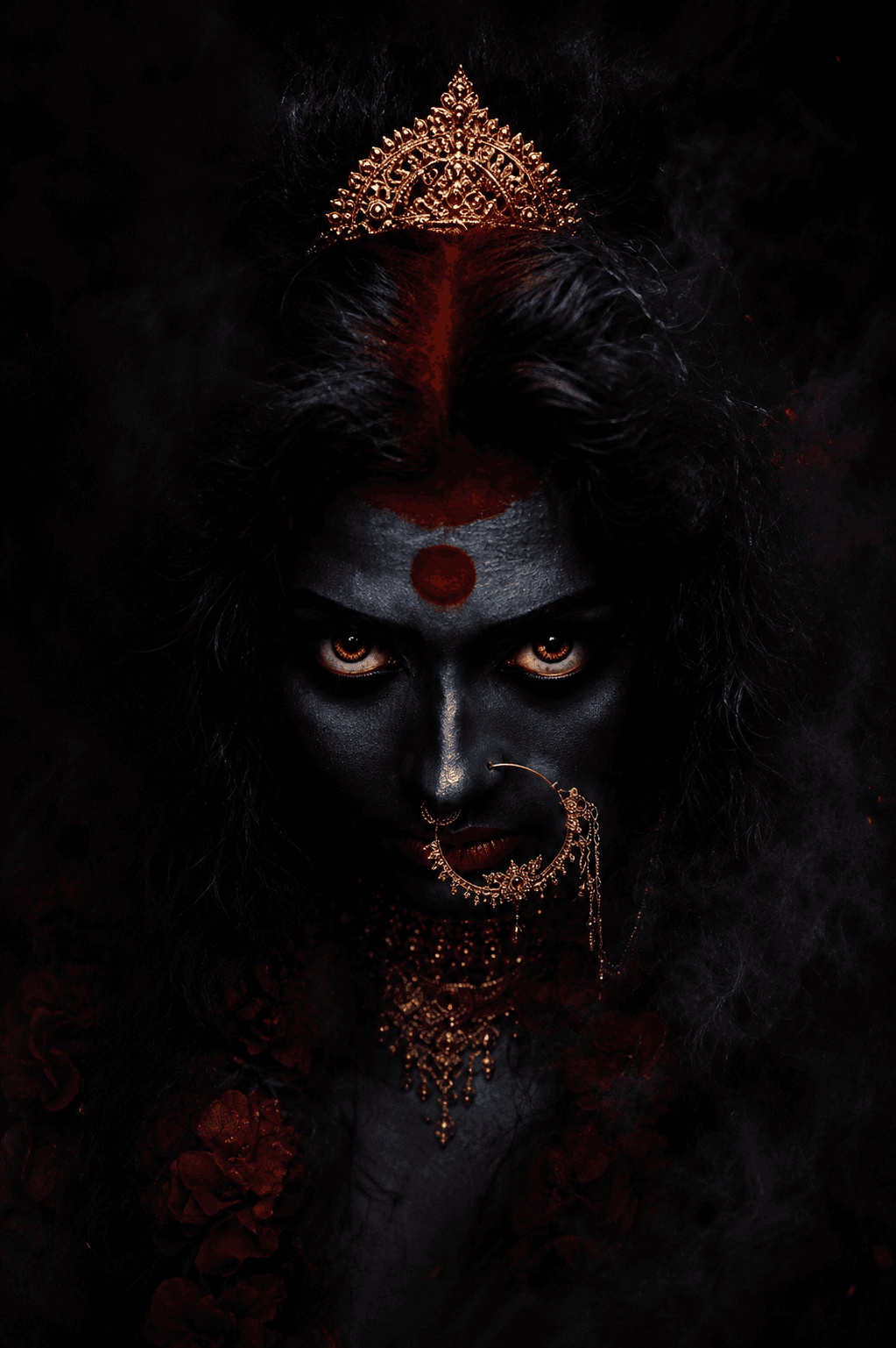 Intense close-up portrait of Maa Mahakali with a black complexion, glowing eyes, red sindoor, golden nose ring, and dark smoky background in stunning 4K, free to download.