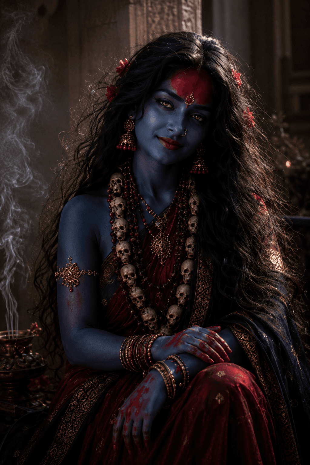 Graceful Maa Mahakali with a blue complexion, red tilak, skull garland, flowing black hair, and traditional red saree in a temple setting, stunning 4K image free to download.
