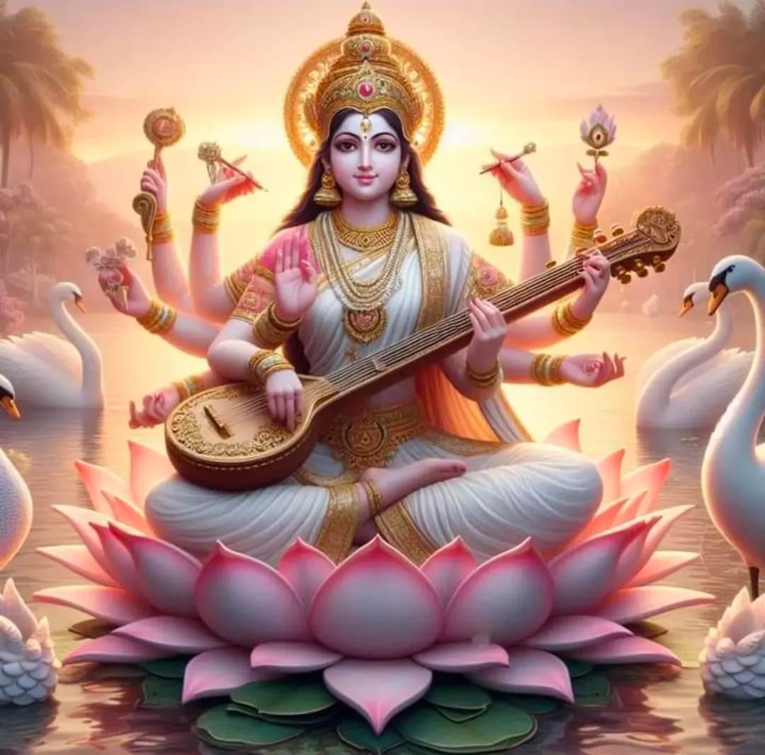 Image of Maa Saraswati Devi sitting on a lotus with veena and swans.