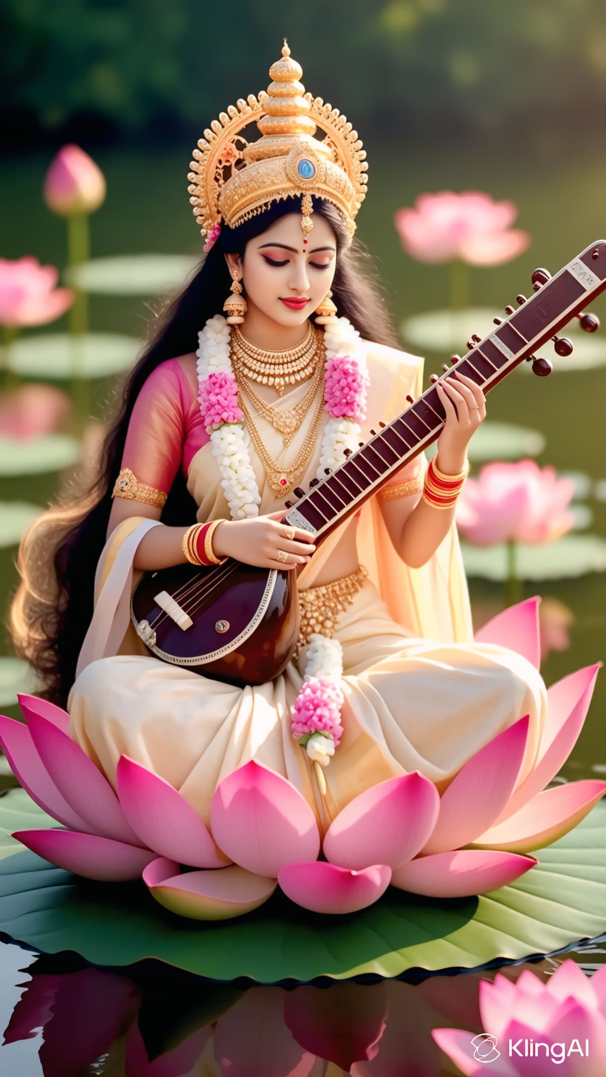 HD image of Maa Saraswati sitting on a pink lotus with veena.