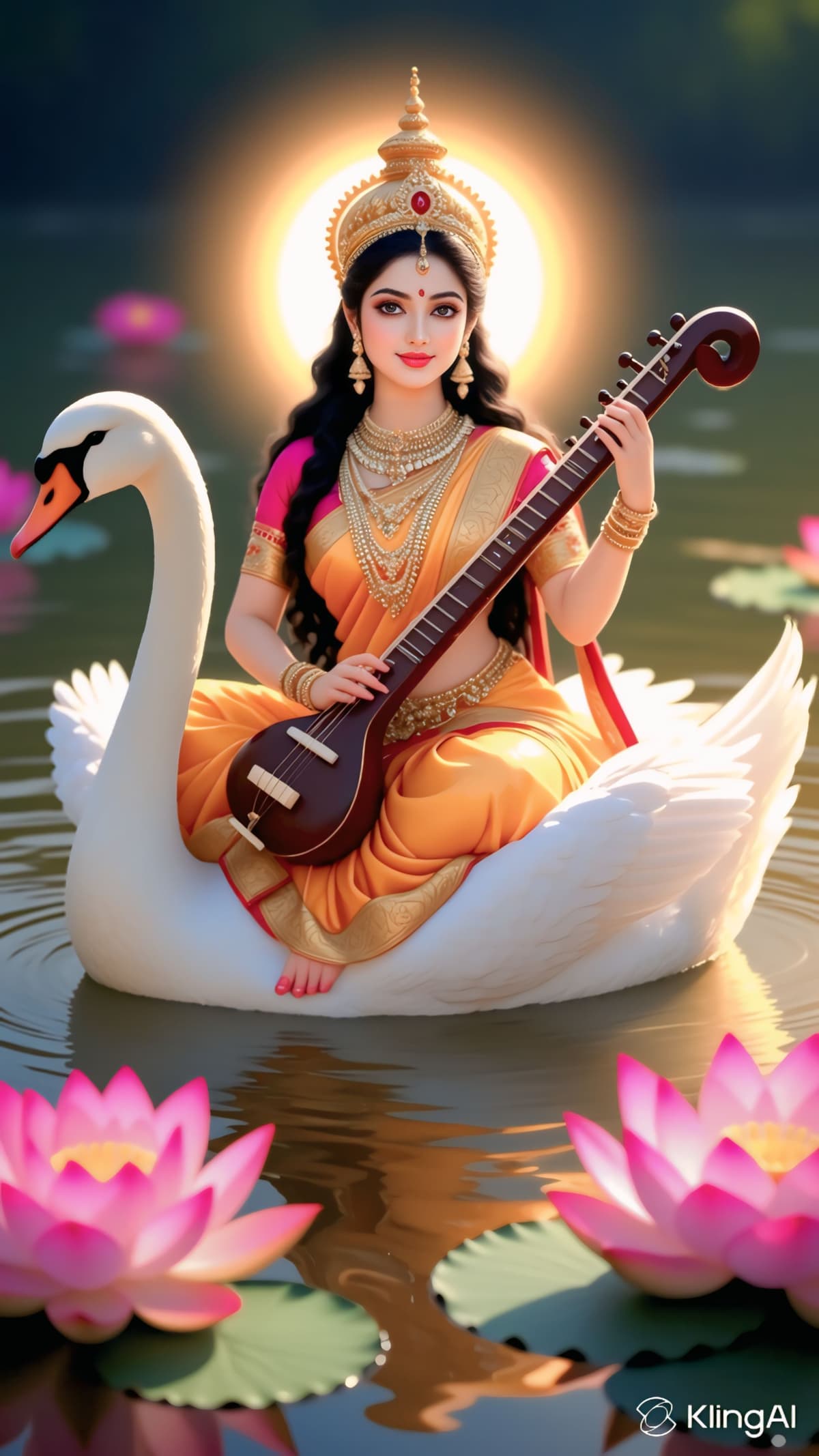 4K image of Maa Saraswati sitting on swan with veena and lotus.