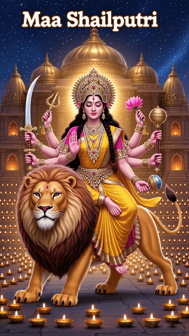 Maa Shailputri riding lion with golden temple and glowing diyas.