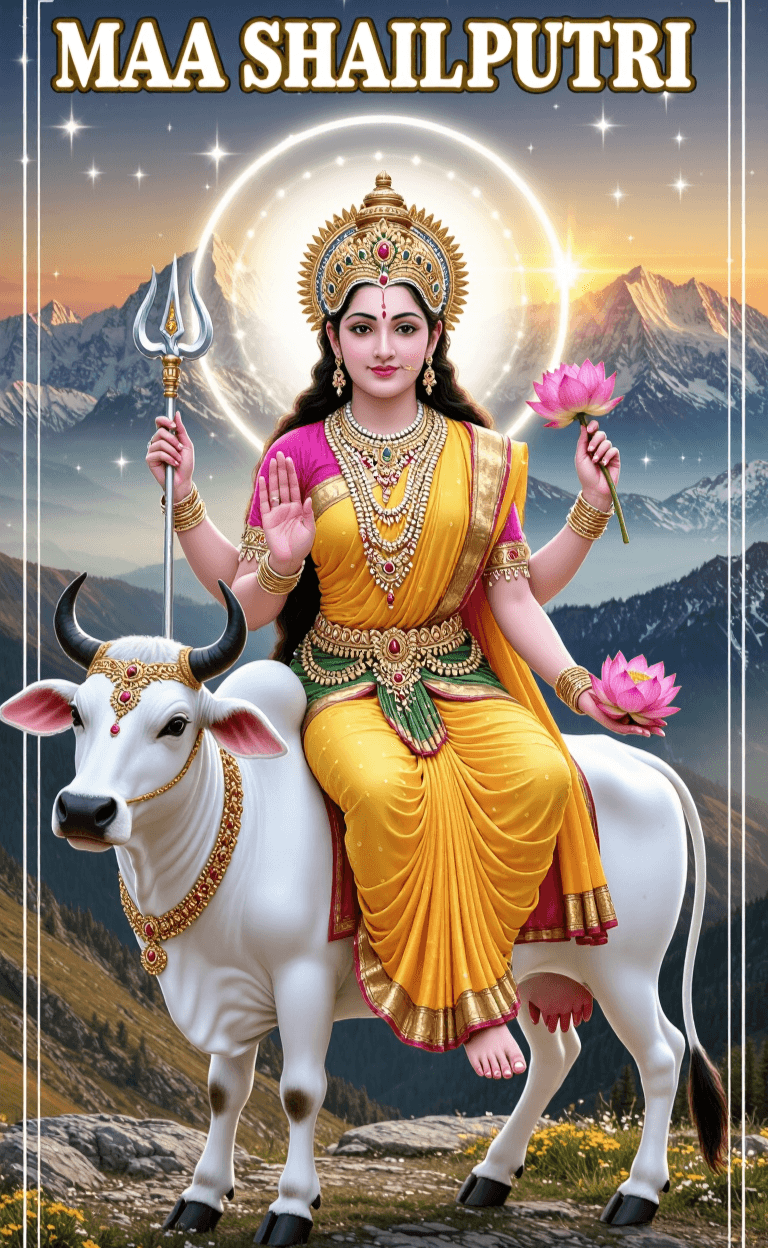 Maa Shailputri on Nandi holding trident and lotus with blessings