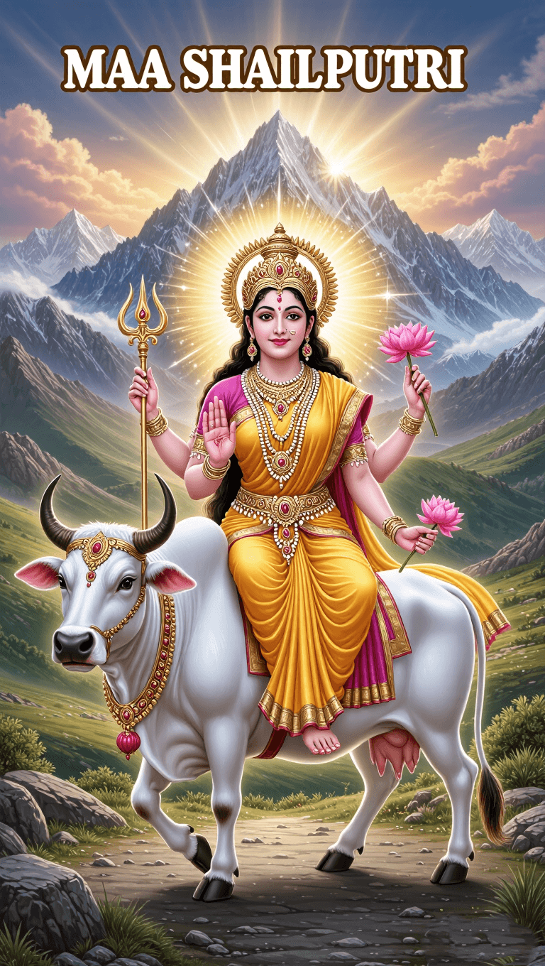 Maa Shailputri seated on Nandi holding trident and lotus