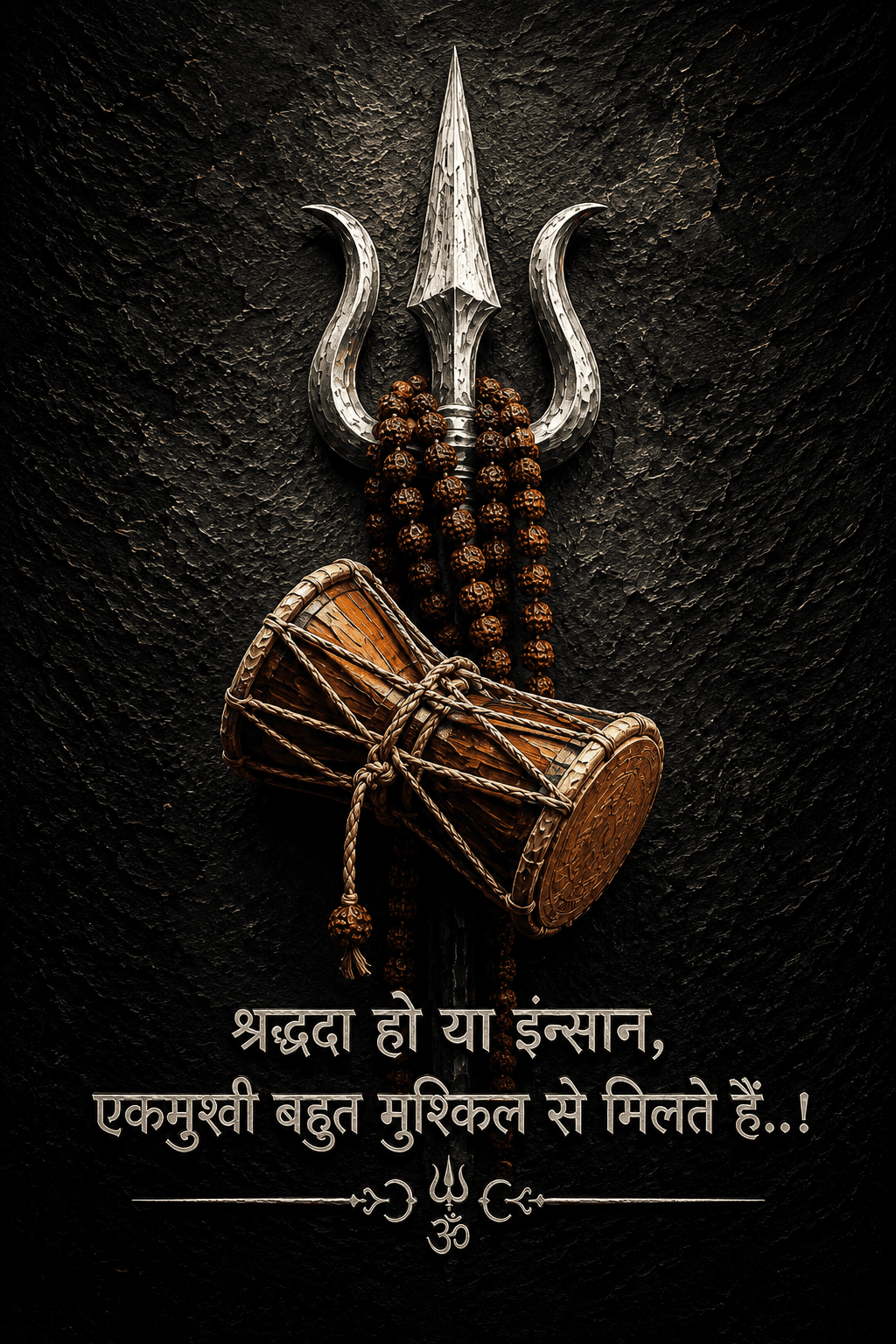 Powerful 4K Mahadev Trishul image featuring the sacred Trishul, Damru, and Rudraksha Mala with a devotional Hindi quote, free HD download for wallpapers and spiritual use.