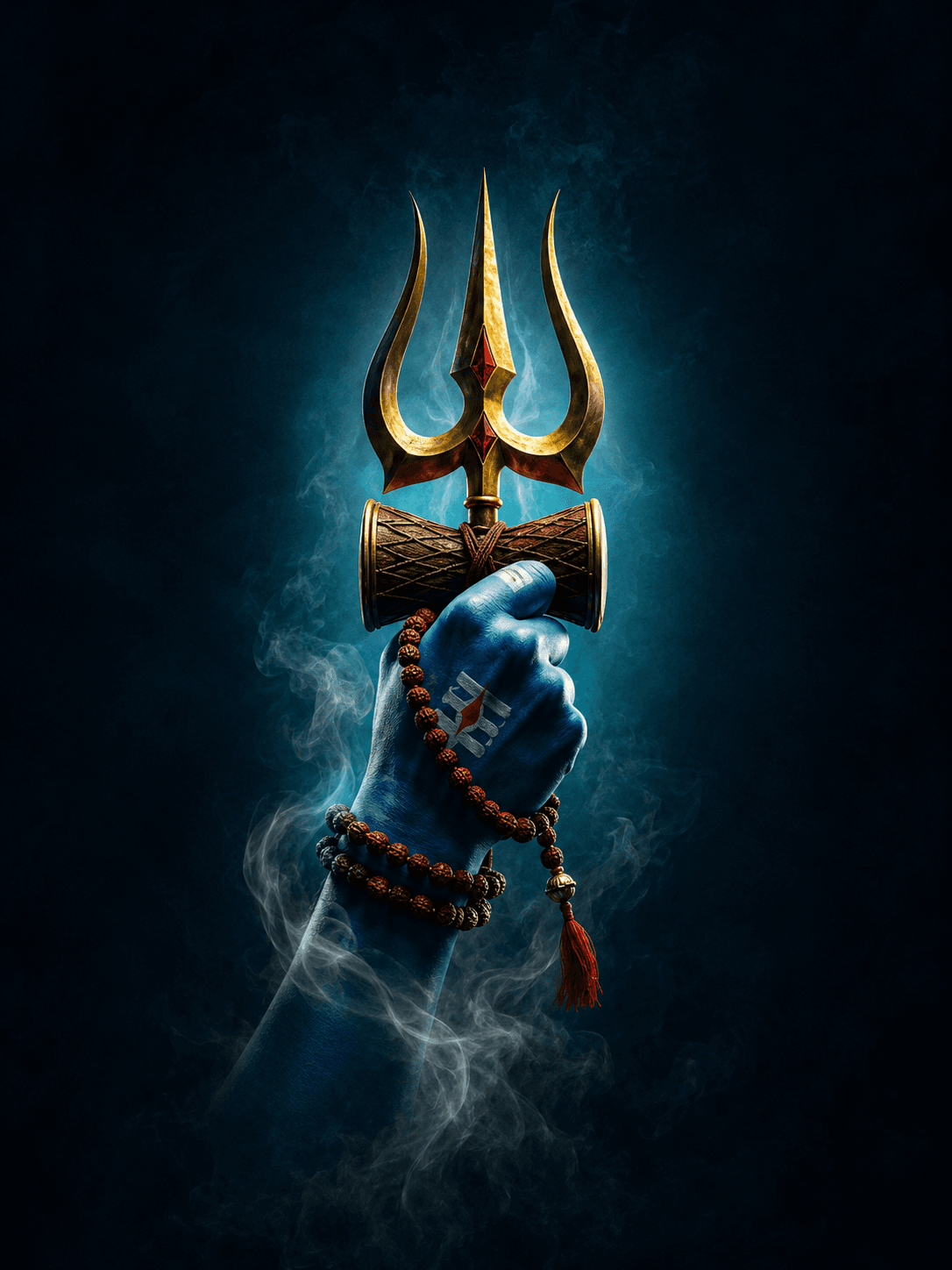 Powerful 4K image of Lord Shiva's blue hand holding the sacred Trishul and Damru with Rudraksha beads and divine smoke, free HD wallpaper download.