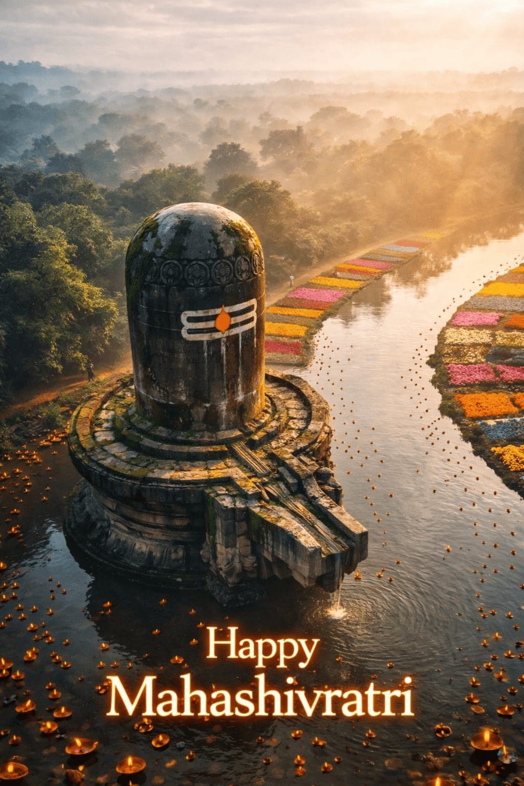 4K aerial image of Shiva Lingam in river with diyas and Happy Mahashivratri text, free HD wallpaper download.