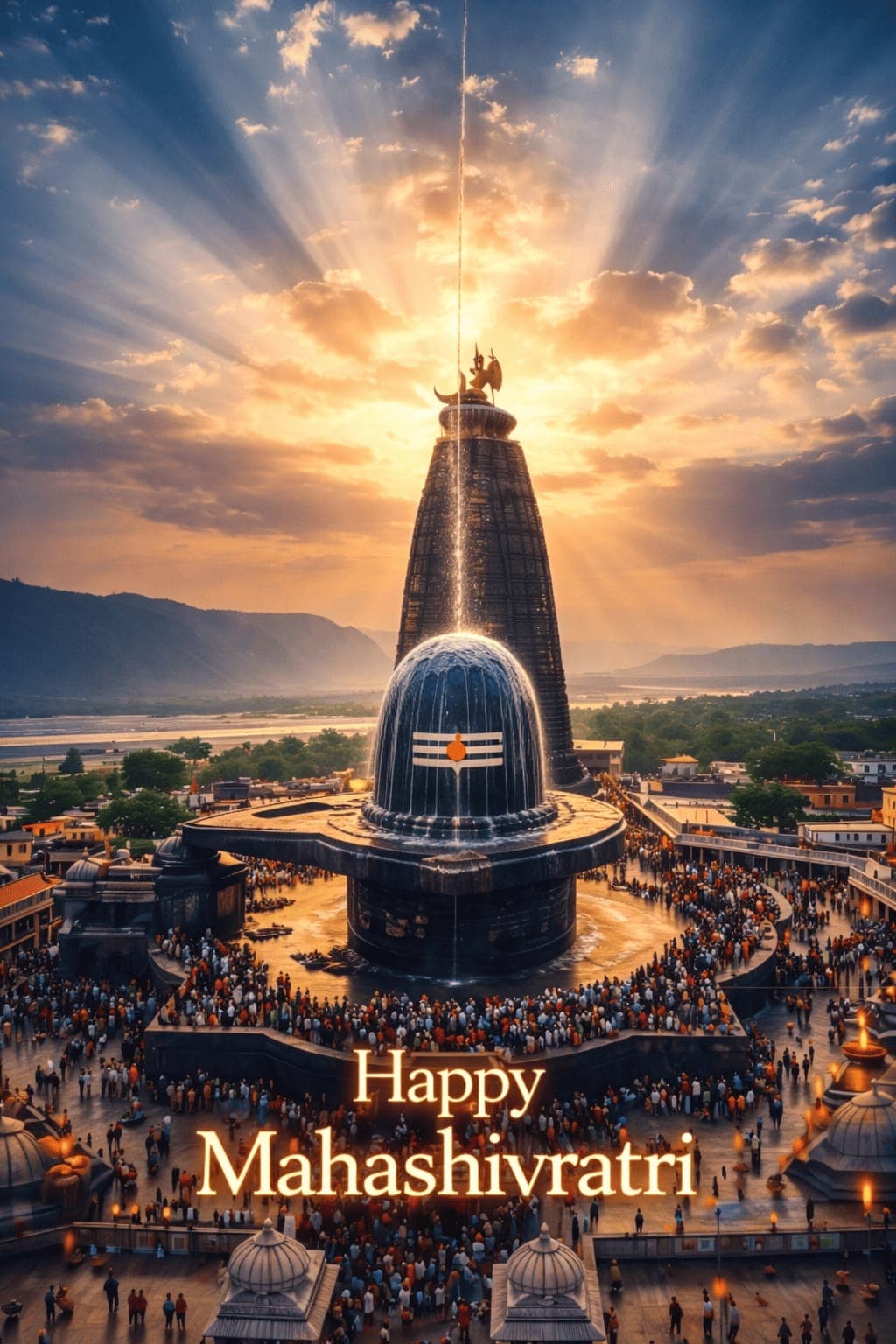 image of Shiva Lingam at temple during Mahashivratri with sunrise rays and crowd, free HD wallpaper download.