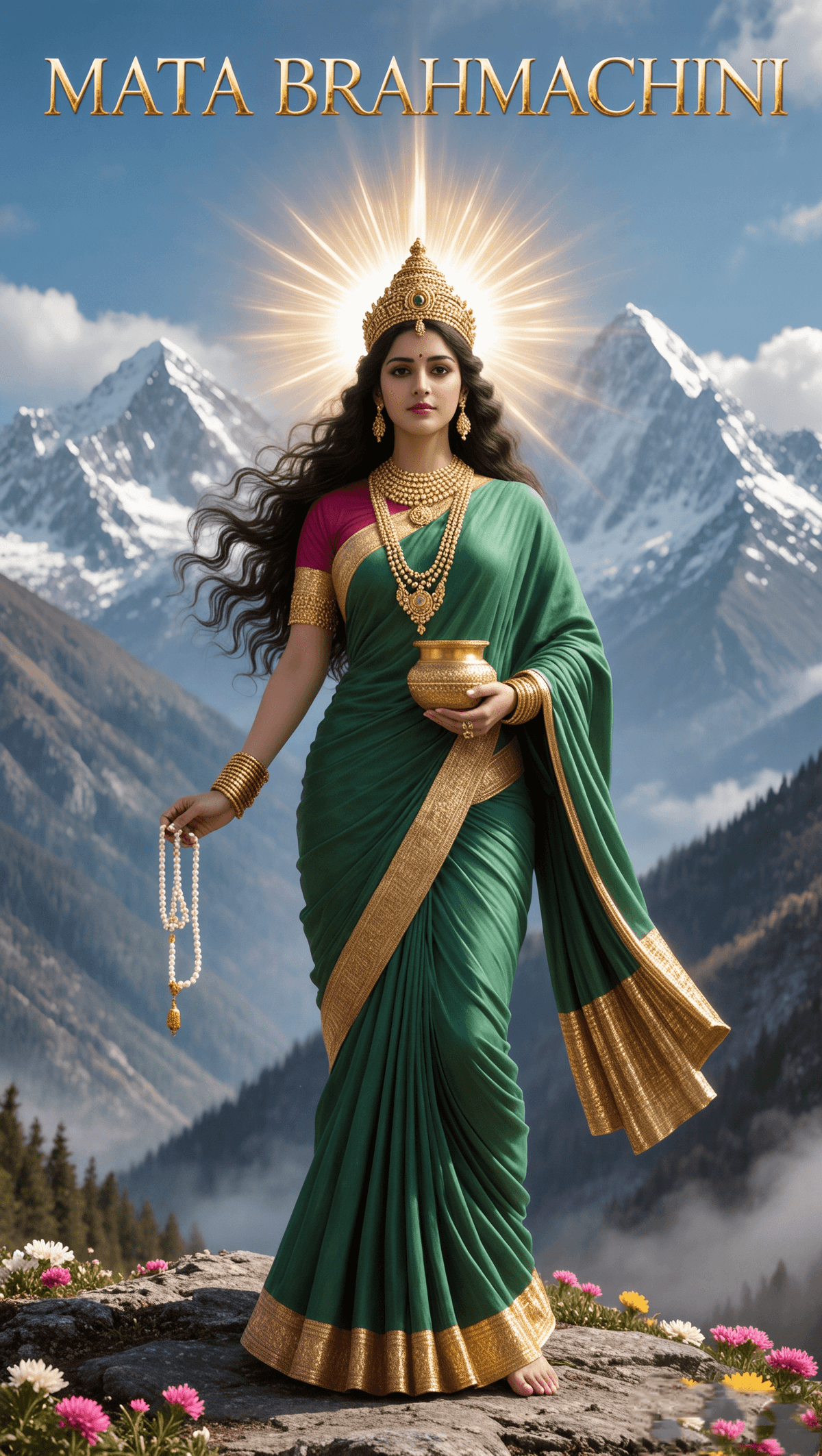 Mata Brahmacharini holding rosary and kamandal in mountains.