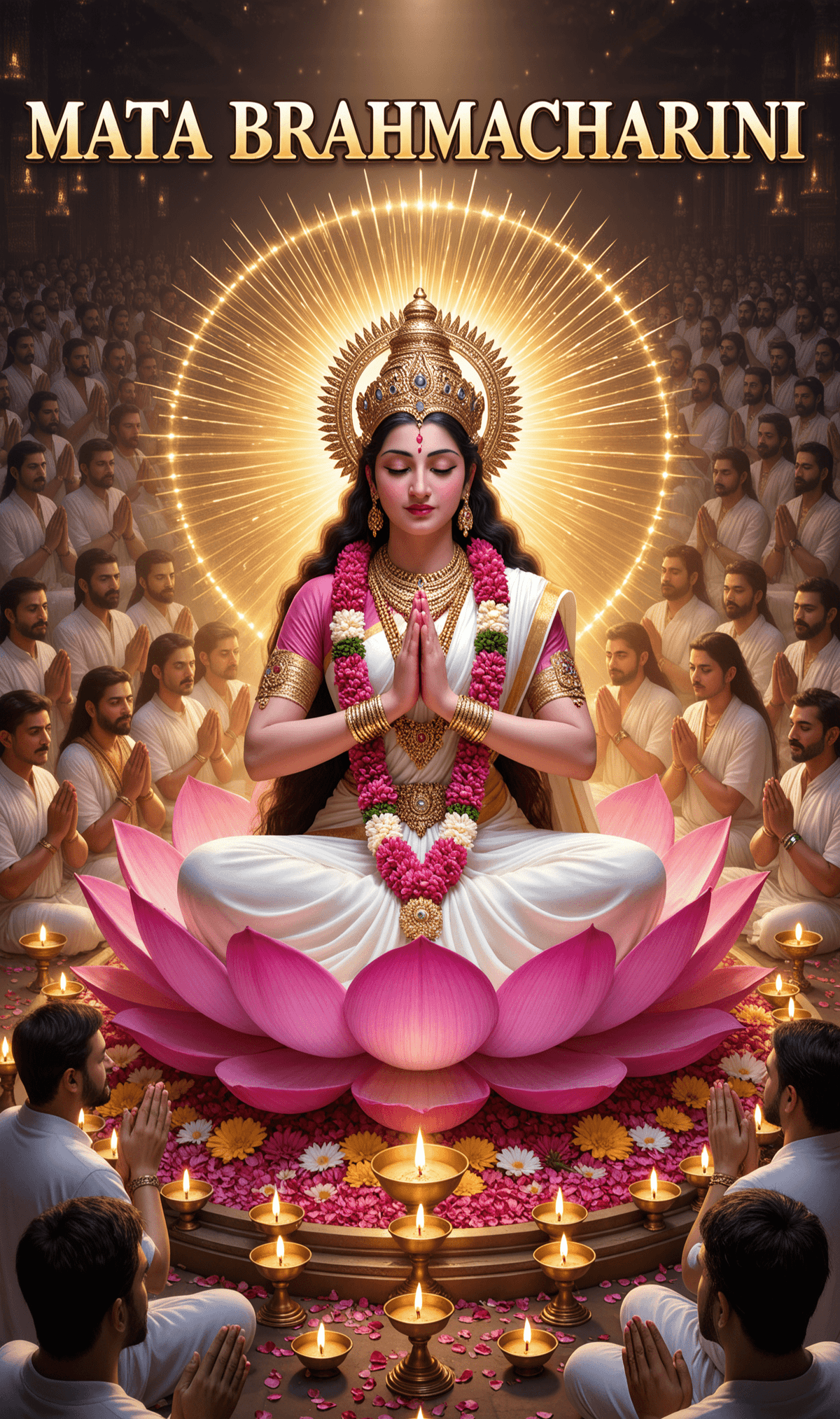 Mata Brahmacharini seated on lotus with glowing aura and devotees.