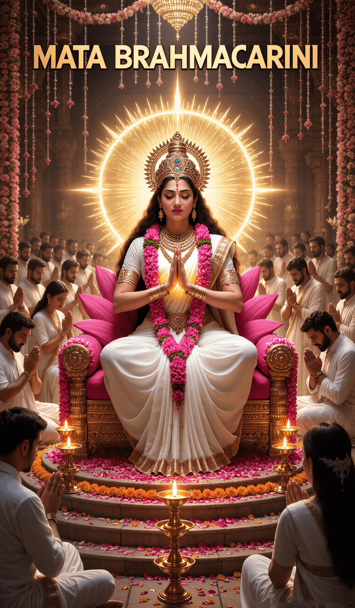 Mata Brahmacharini seated on lotus throne with devotees and glowing aura.