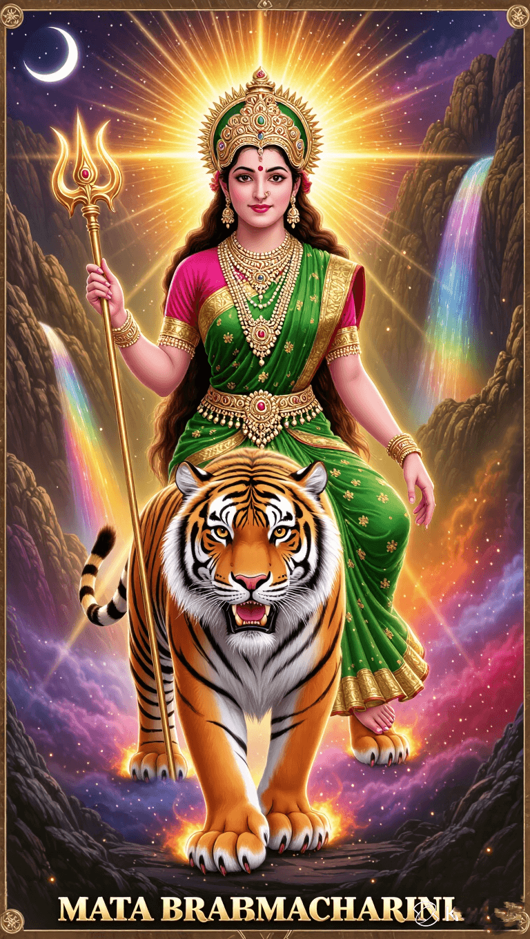 Mata Brahmacharini in green saree with trident, riding a tiger with glowing divine aura.