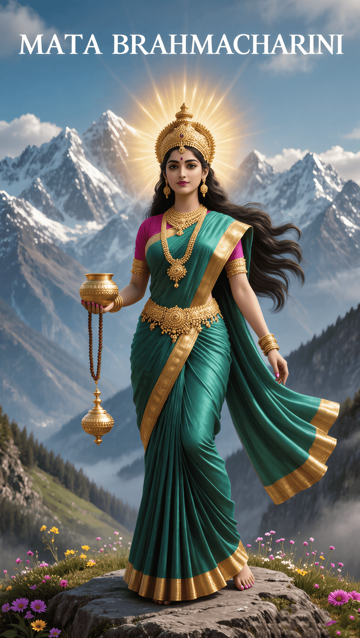 Mata Brahmacharini holding rosary and kamandal with divine aura.
