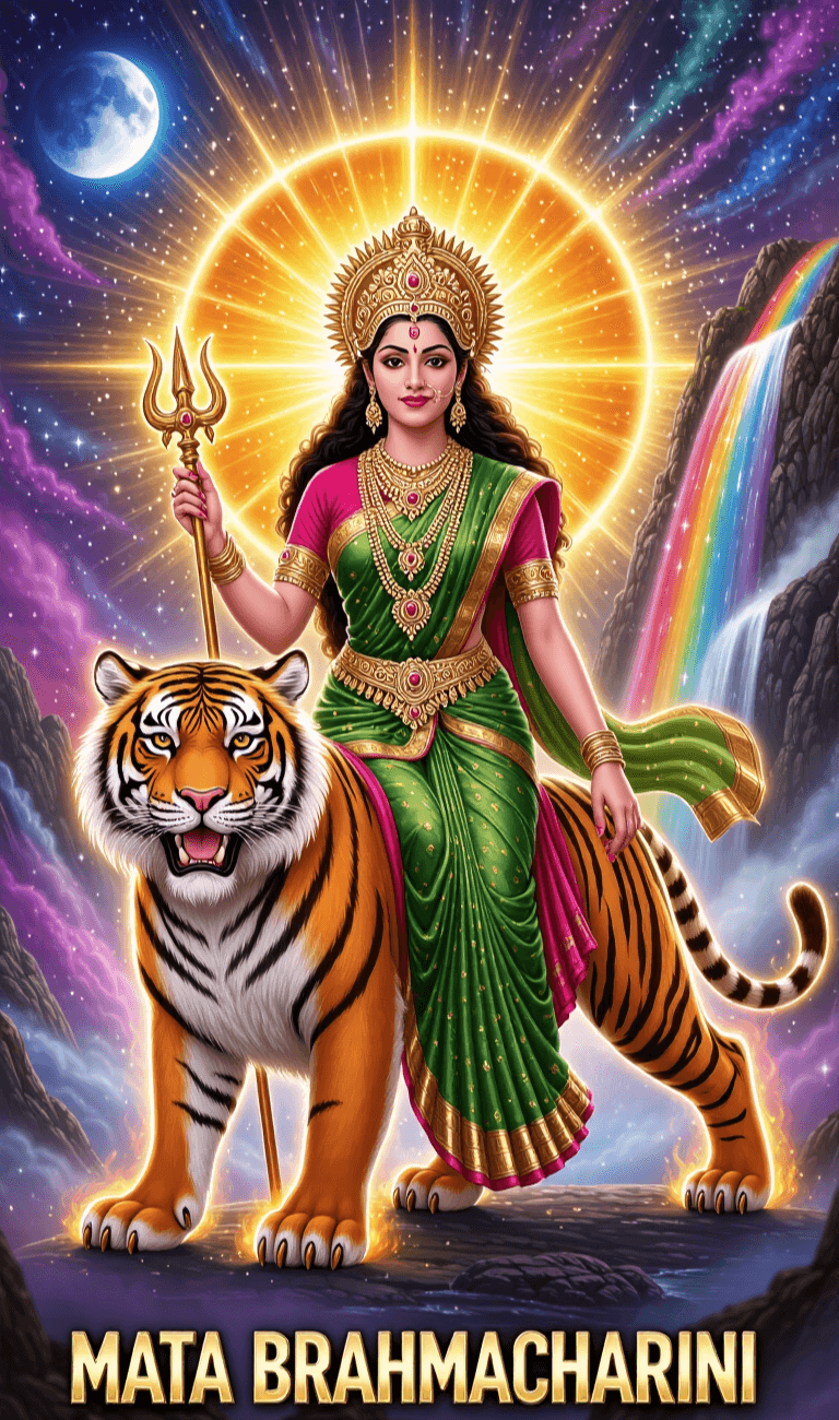 Mata Brahmacharini with tiger, trident, golden aura, and rainbow background