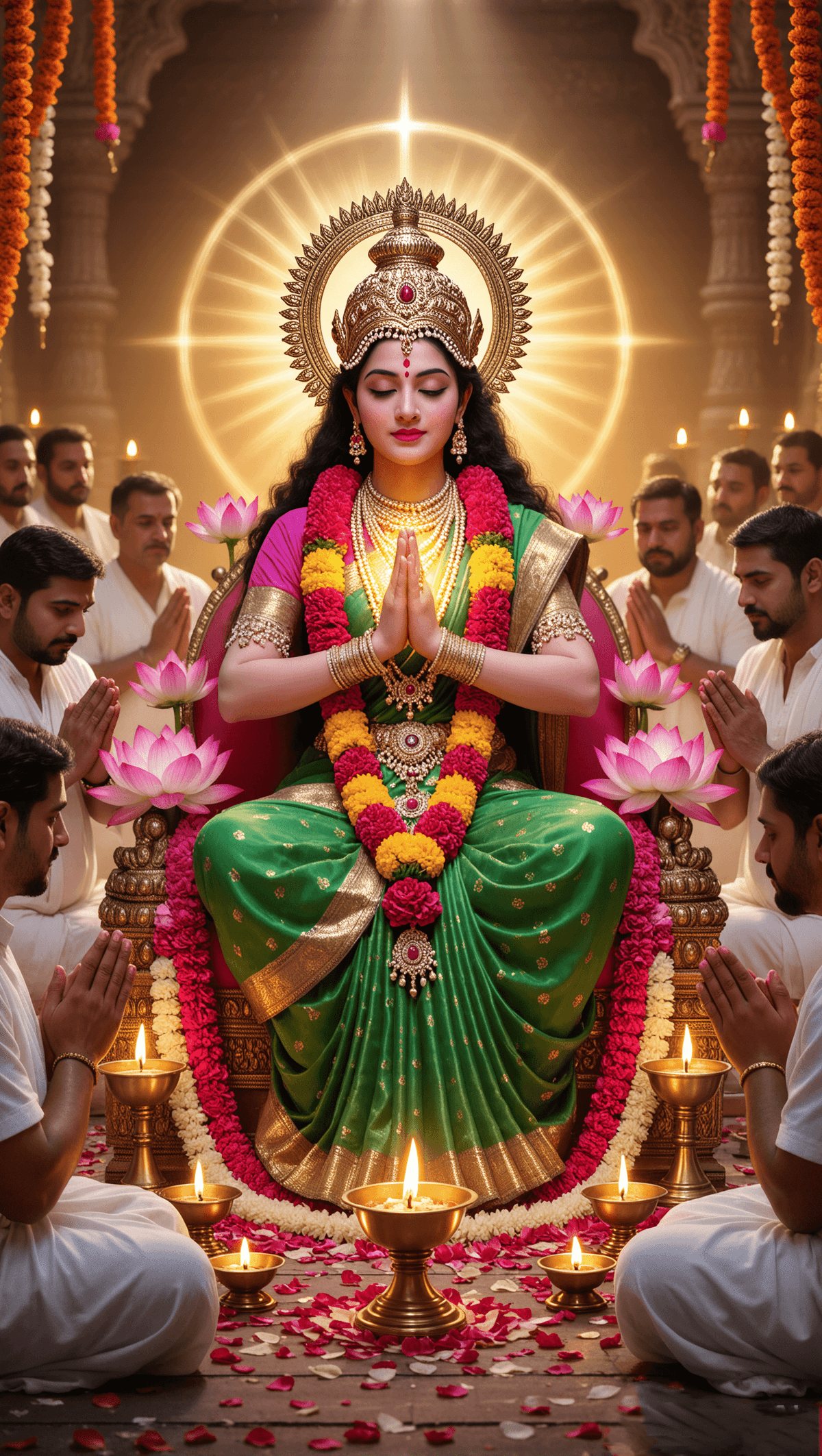 Mata Chandraghanta seated on throne with lotus flowers, aura, and devotees.