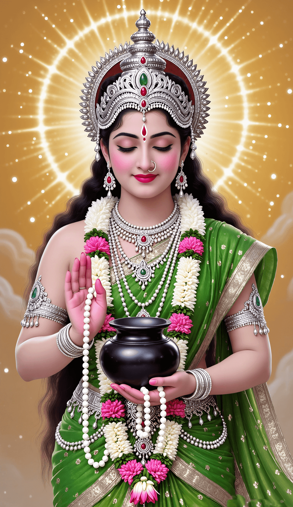 Mata Katyayani in green saree with silver crown, holding pot and prayer beads.