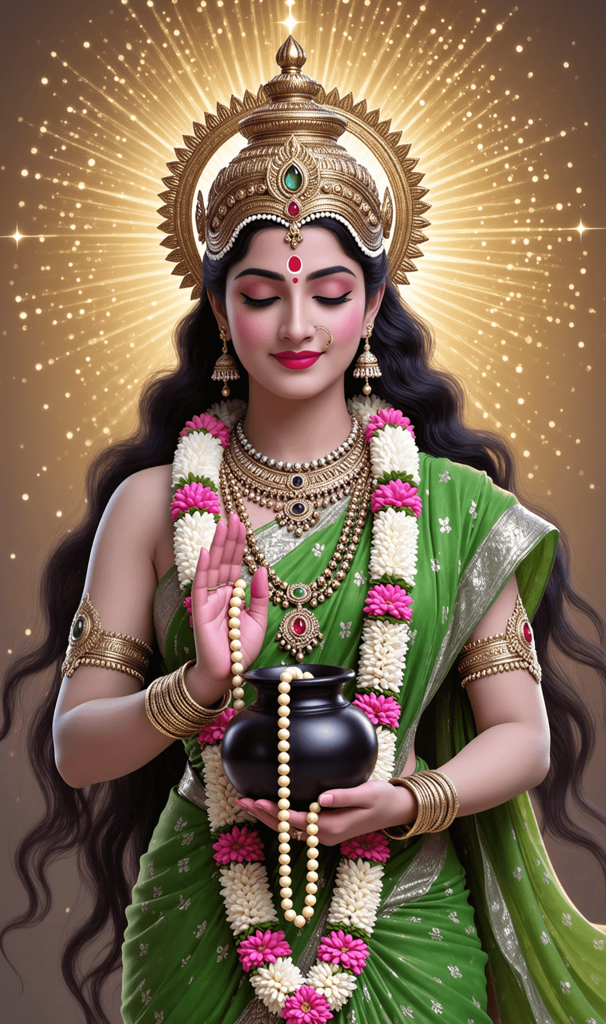 Mata Katyayani in green saree with golden aura, holding pot and prayer beads.