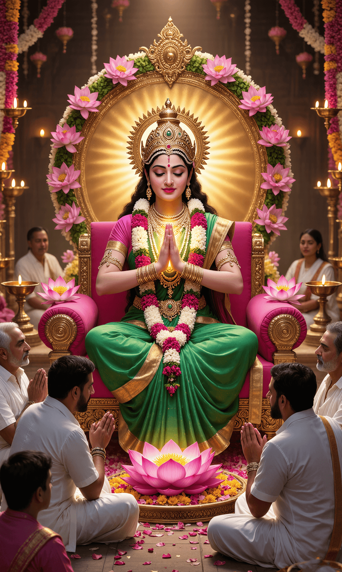 Mata Kushmanda seated on throne with golden aura, lotus flowers, and devotees praying.