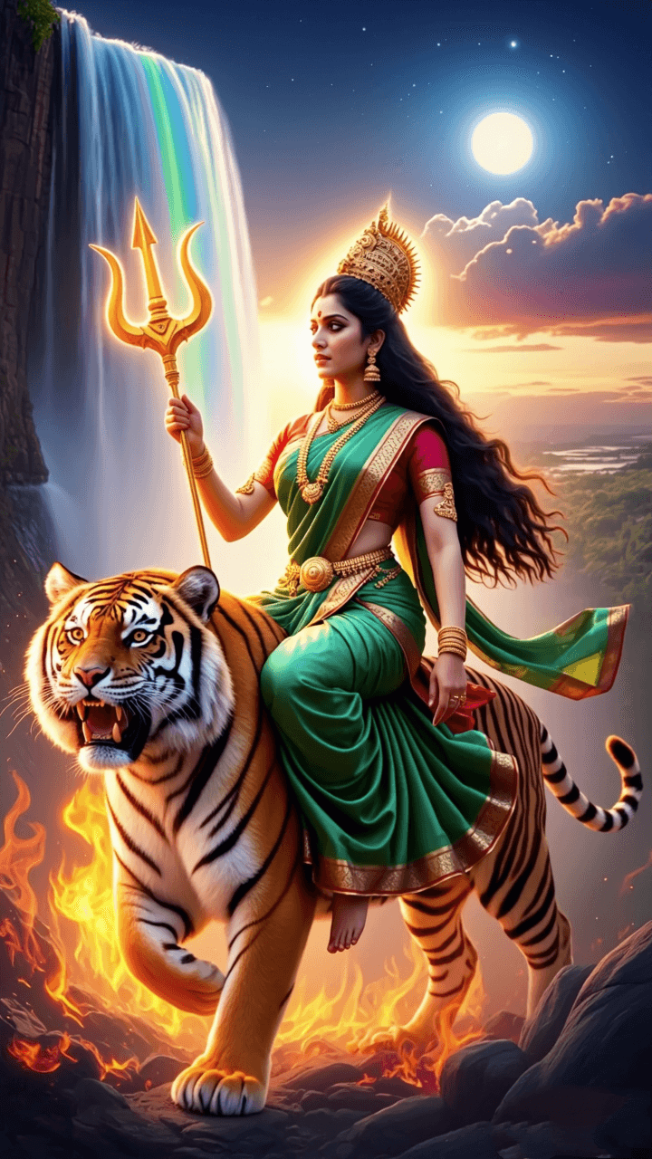 Mata Kushmanda in green saree holding trident, riding a tiger with divine aura.