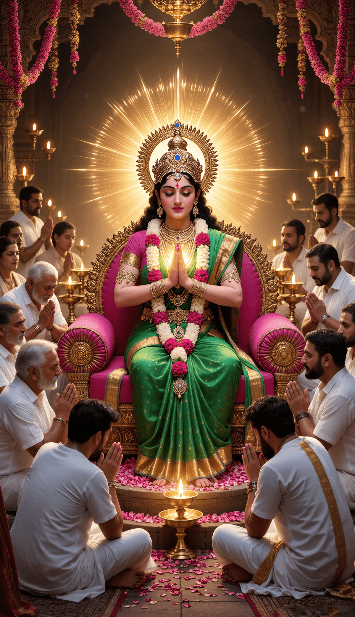 Mata Skandmata seated on throne with golden aura, devotees praying, diyas, and flowers.