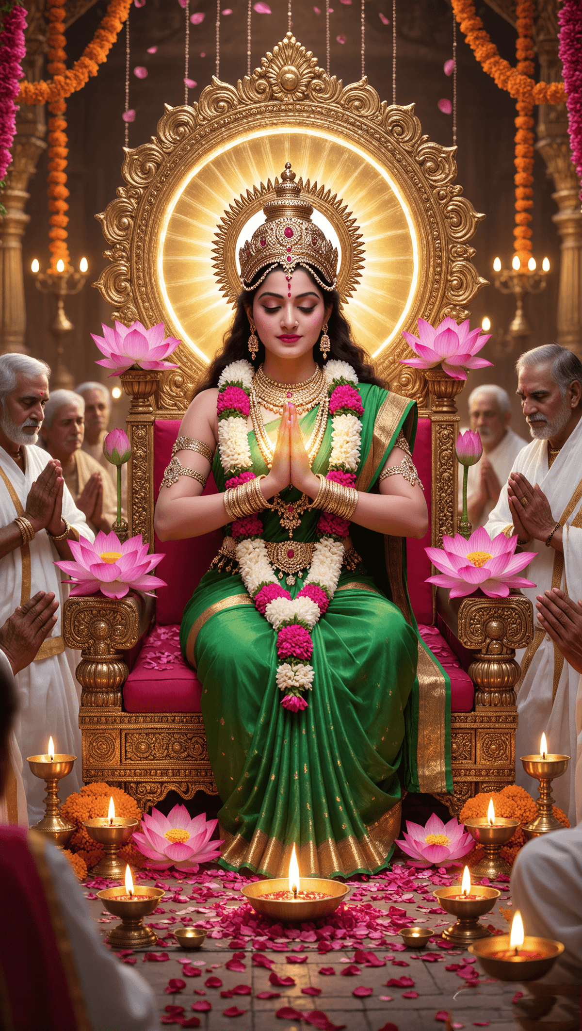 Mata Skandmata seated on golden throne with glowing aura, devotees praying with diyas and flowers.
