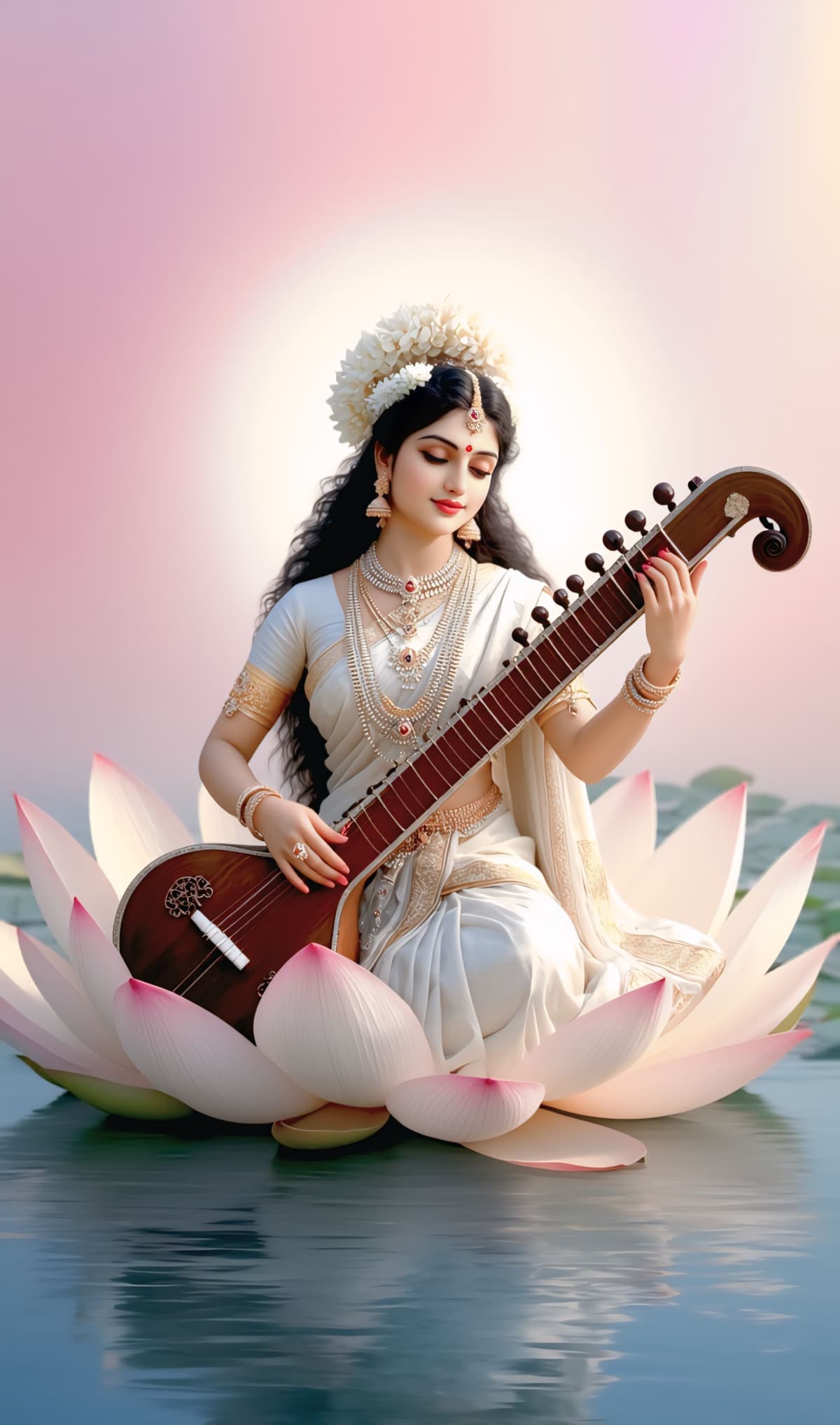 Minimal white HD artwork of Goddess Saraswati with veena, free download