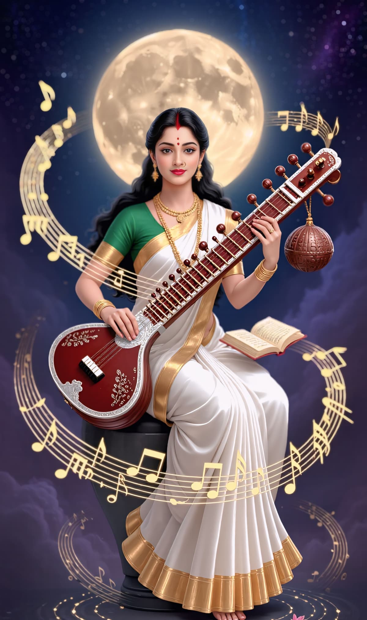 Moonlit 4K image of Goddess Saraswati playing veena with sacred book, free to download.
