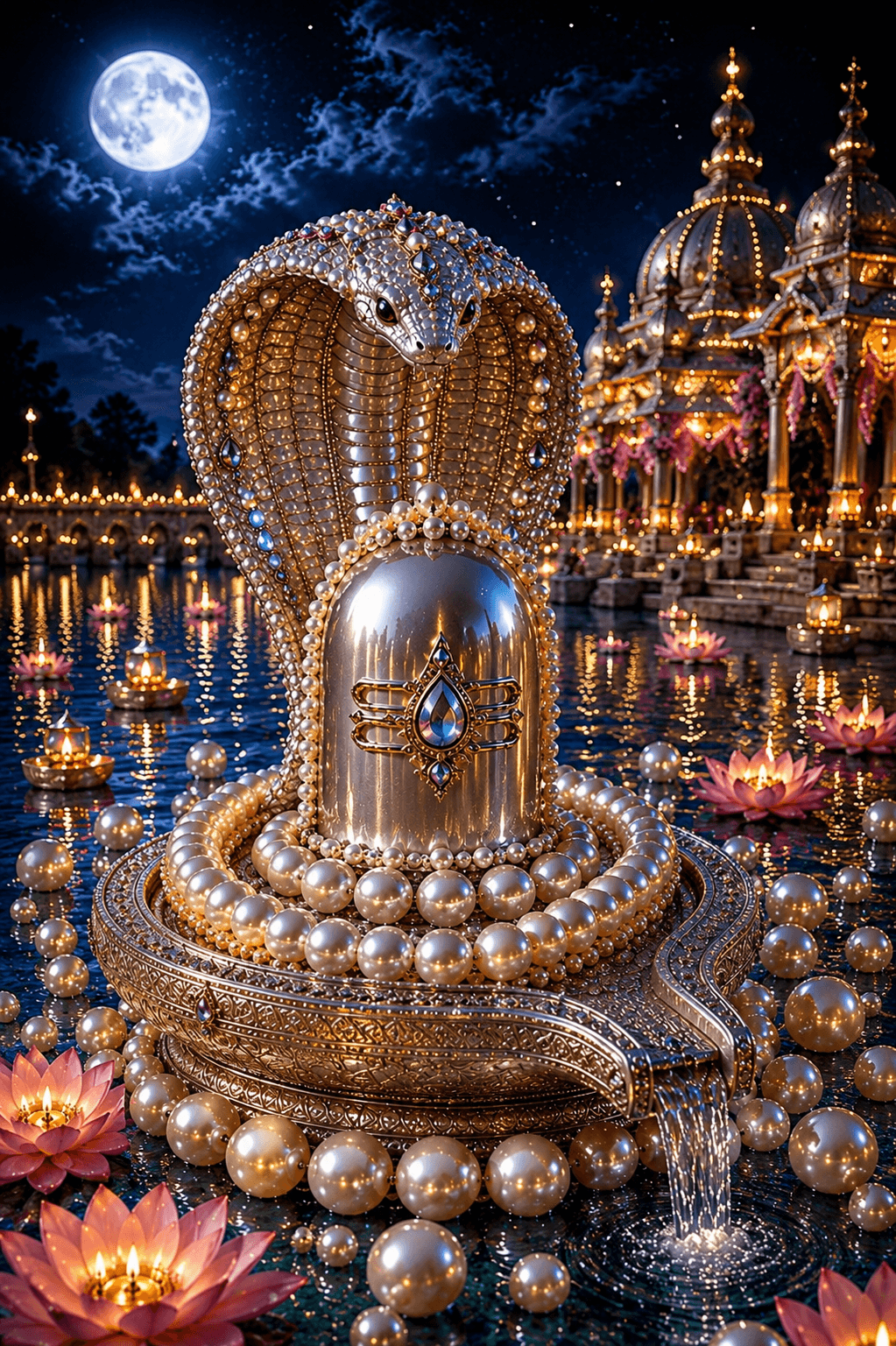 Divine 4K Shivling with a jeweled cobra (Nag) under the full moon beside a sacred temple, free HD wallpaper and instant download.