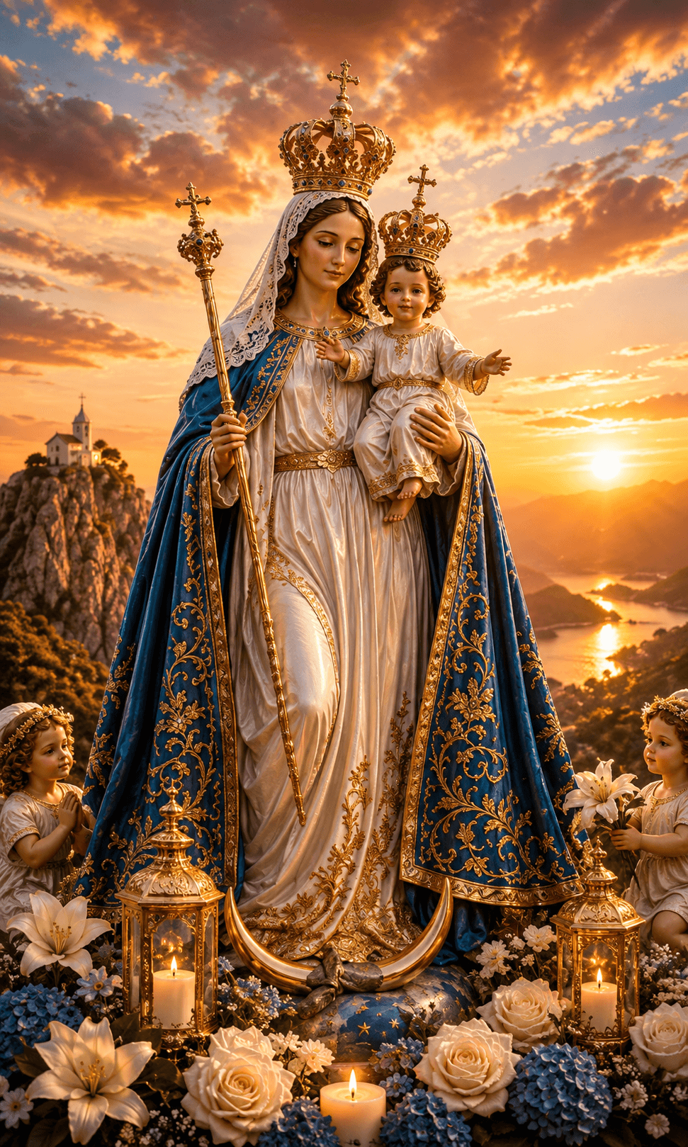 Mother Mary wearing a royal crown and blue embroidered mantle, holding baby Jesus with a scepter against a glowing sunset, 4K high-resolution image.