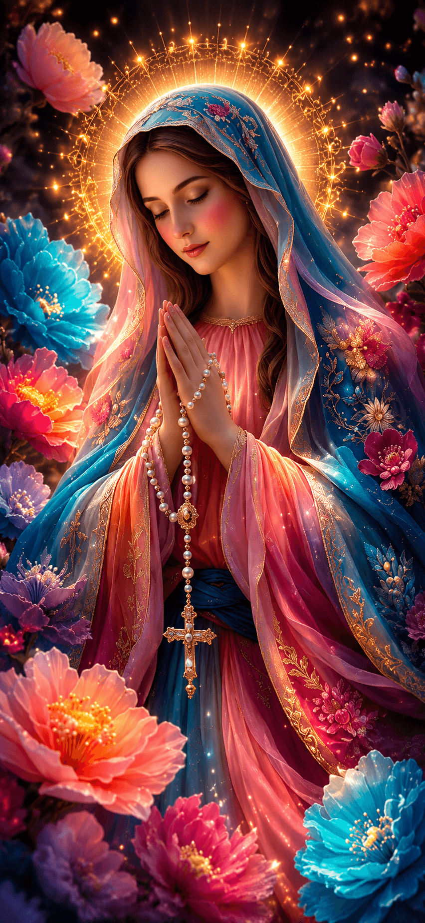 Mother Mary praying with a rosary, wearing a blue and pink embroidered robe, surrounded by colorful flowers and a radiant golden halo, 4K image.