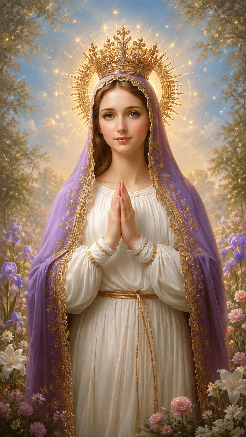 Mother Mary wearing a white robe and purple veil, praying with folded hands beneath a golden crown and halo, surrounded by flowers