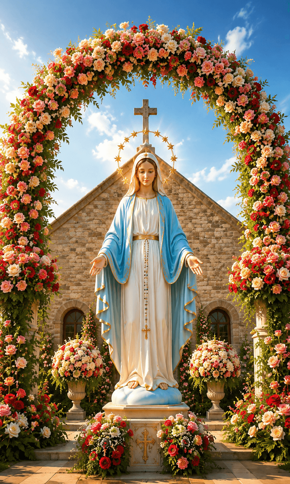 Mother Mary statue in a white and blue robe surrounded by colorful roses, a stone church and floral arch under a bright blue sky.