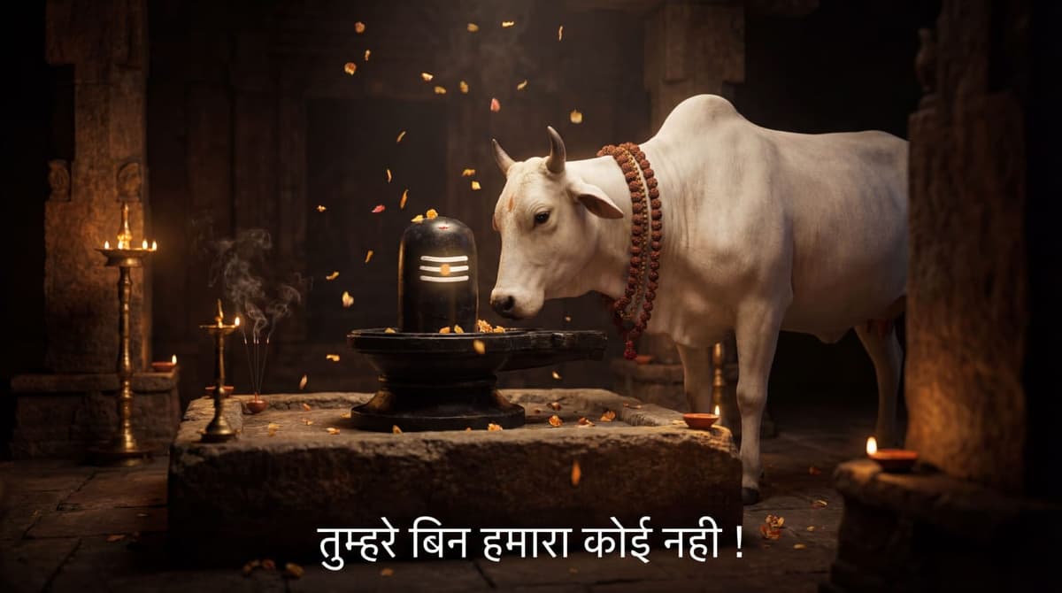 4K image of Nandi cow standing beside Shiva Lingam inside temple, devotional HD wallpaper free download.