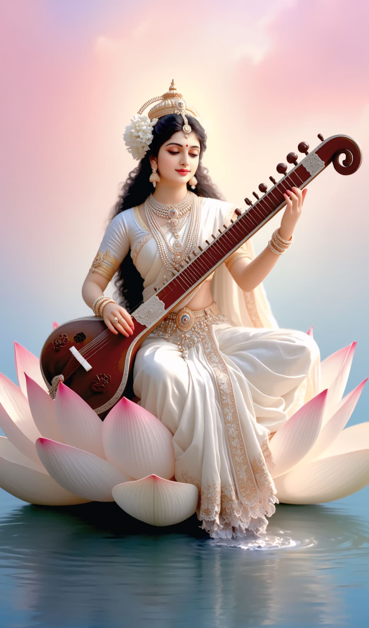 Peaceful HD image of Goddess Saraswati seated on lotus playing veena, free download