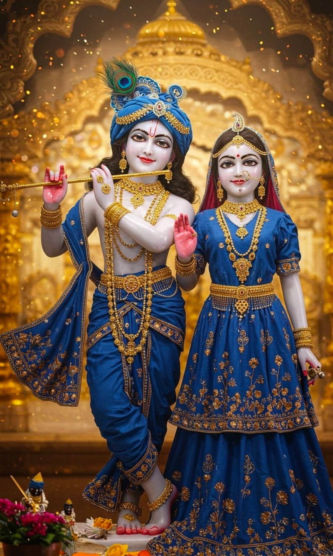 Radha Krishna in blue attire with flute, golden ornaments, and temple background
