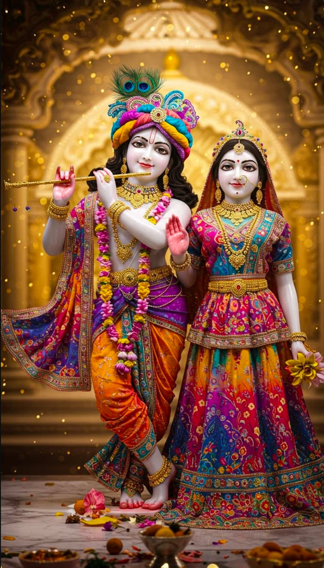 Radha Krishna in colorful attire with flute, garlands, and golden background