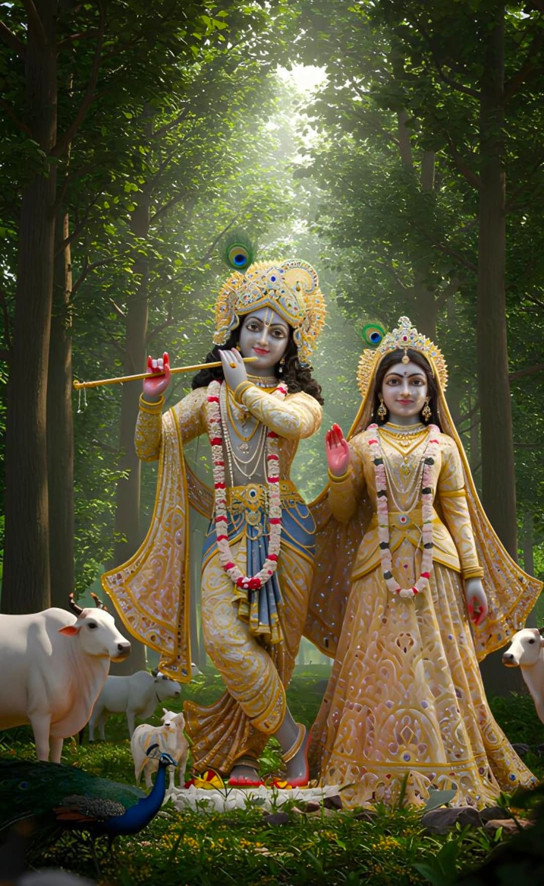Radha Krishna standing in forest with flute, cows, and peacocks