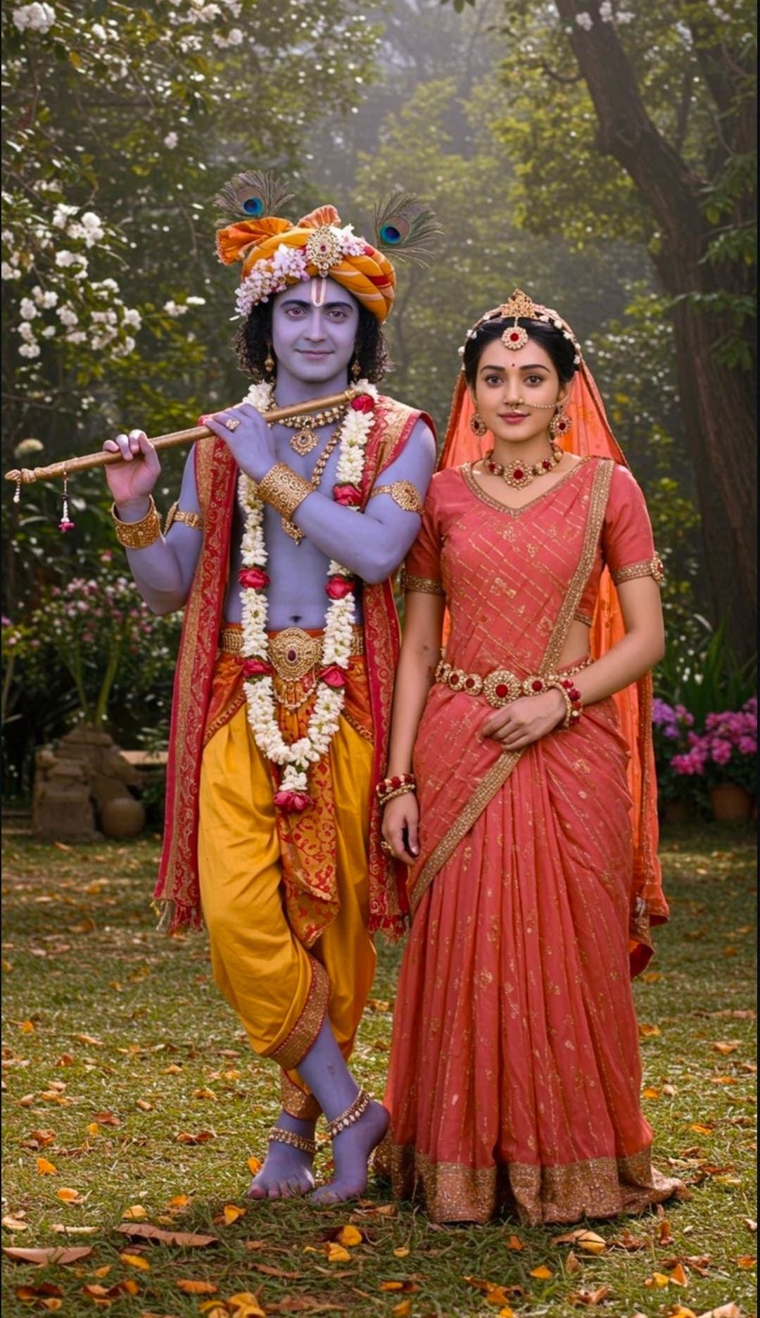 Divine image of Radha Krishna standing together with flute in garden.