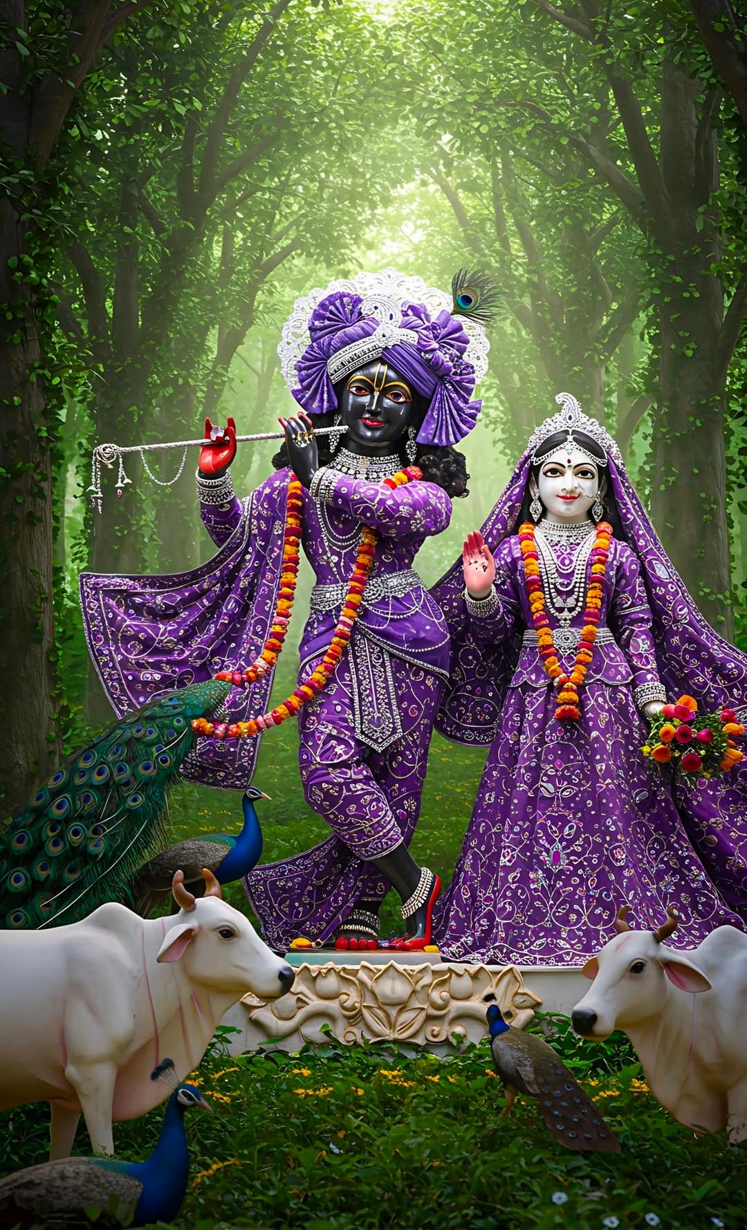 Radha Krishna in purple attire with flute, cows, and peacocks in forest