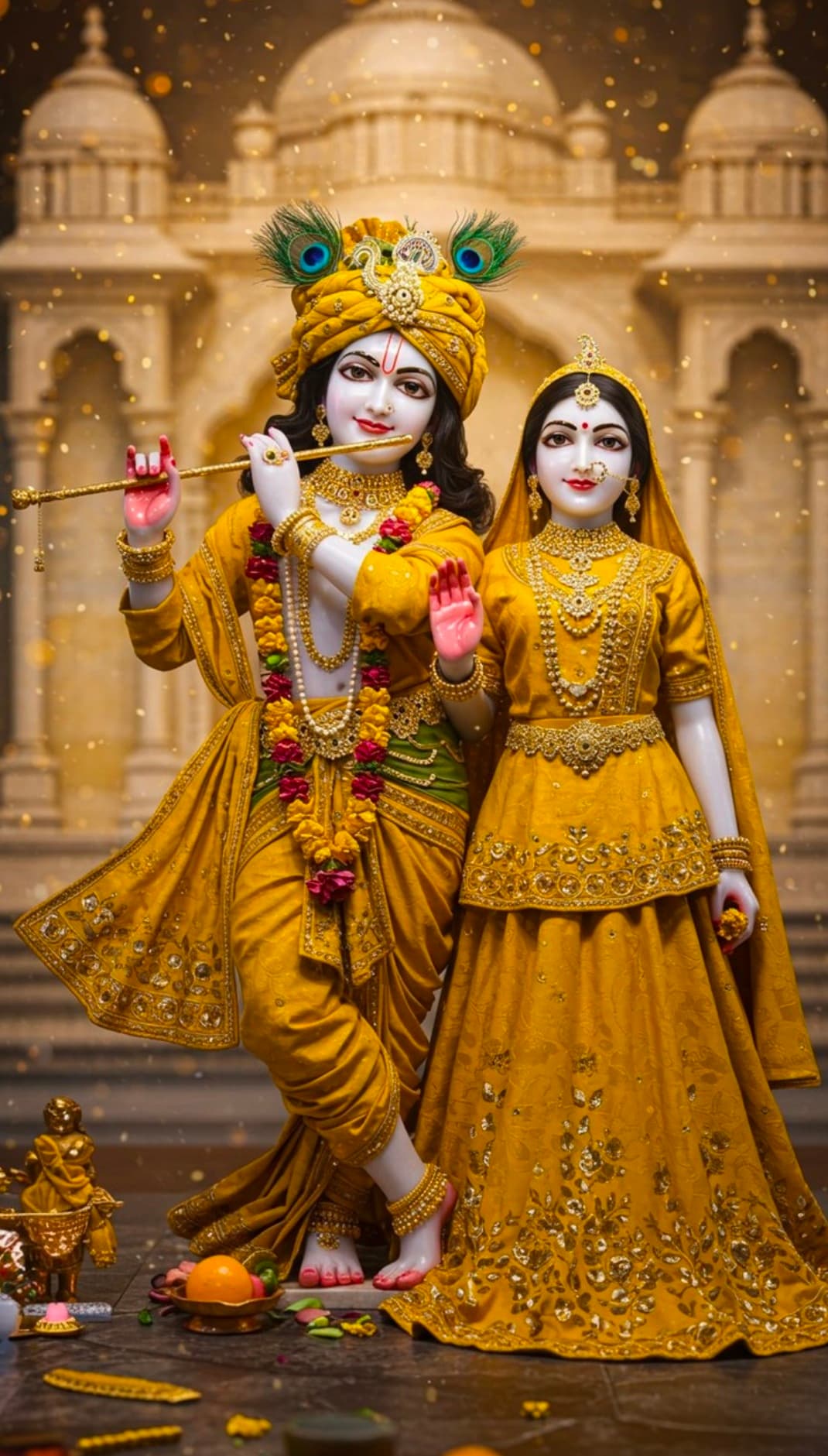 Radha Krishna in golden attire with flute, garlands, and temple background
