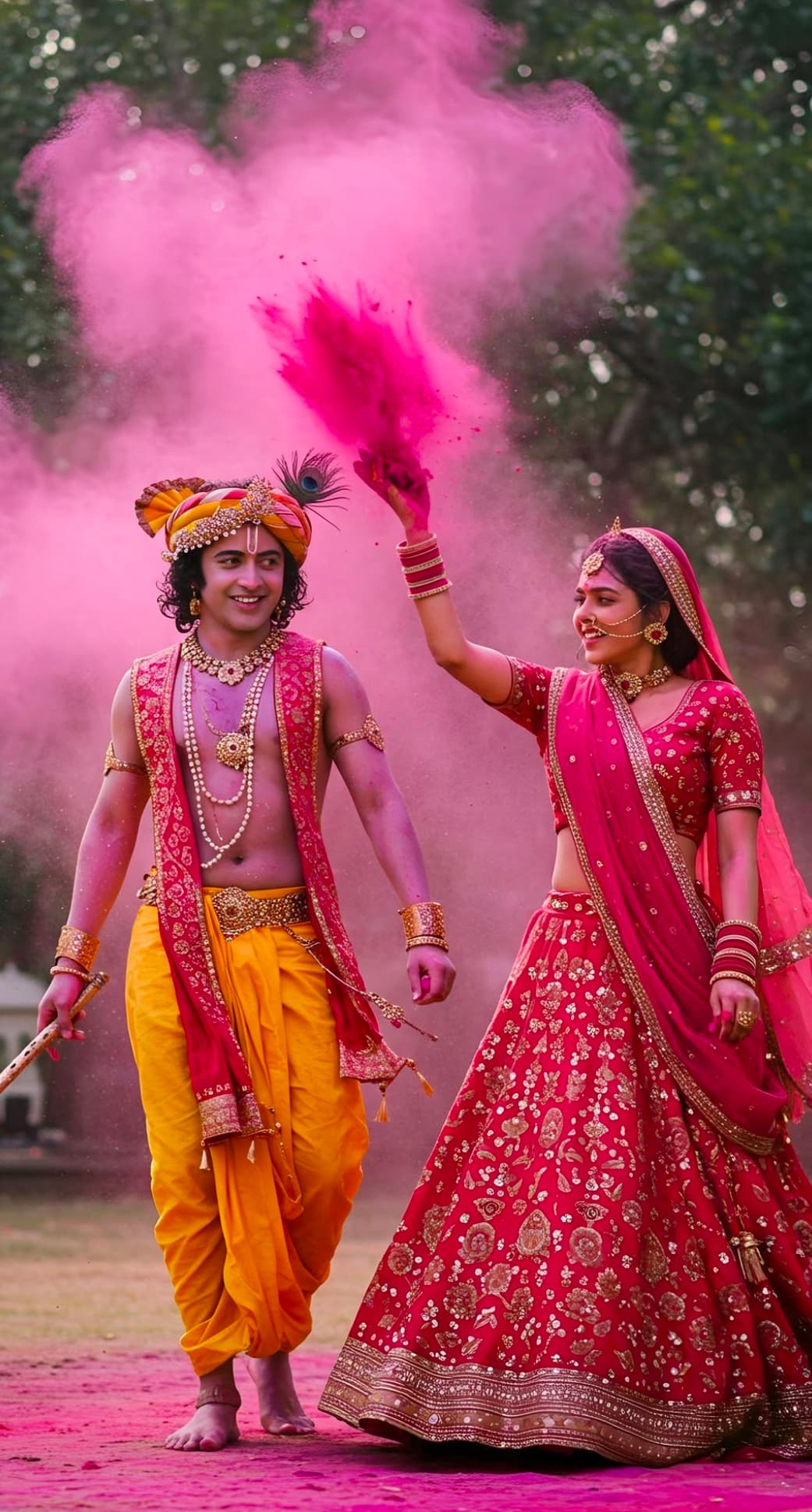 Radha Krishna celebrating Holi with colors and love