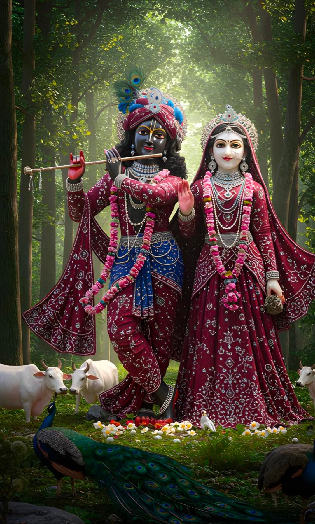 Radha Krishna standing in Vrindavan with cows and peacocks