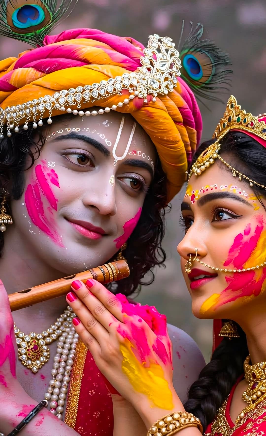 Radha Krishna celebrating Holi with colors and flute