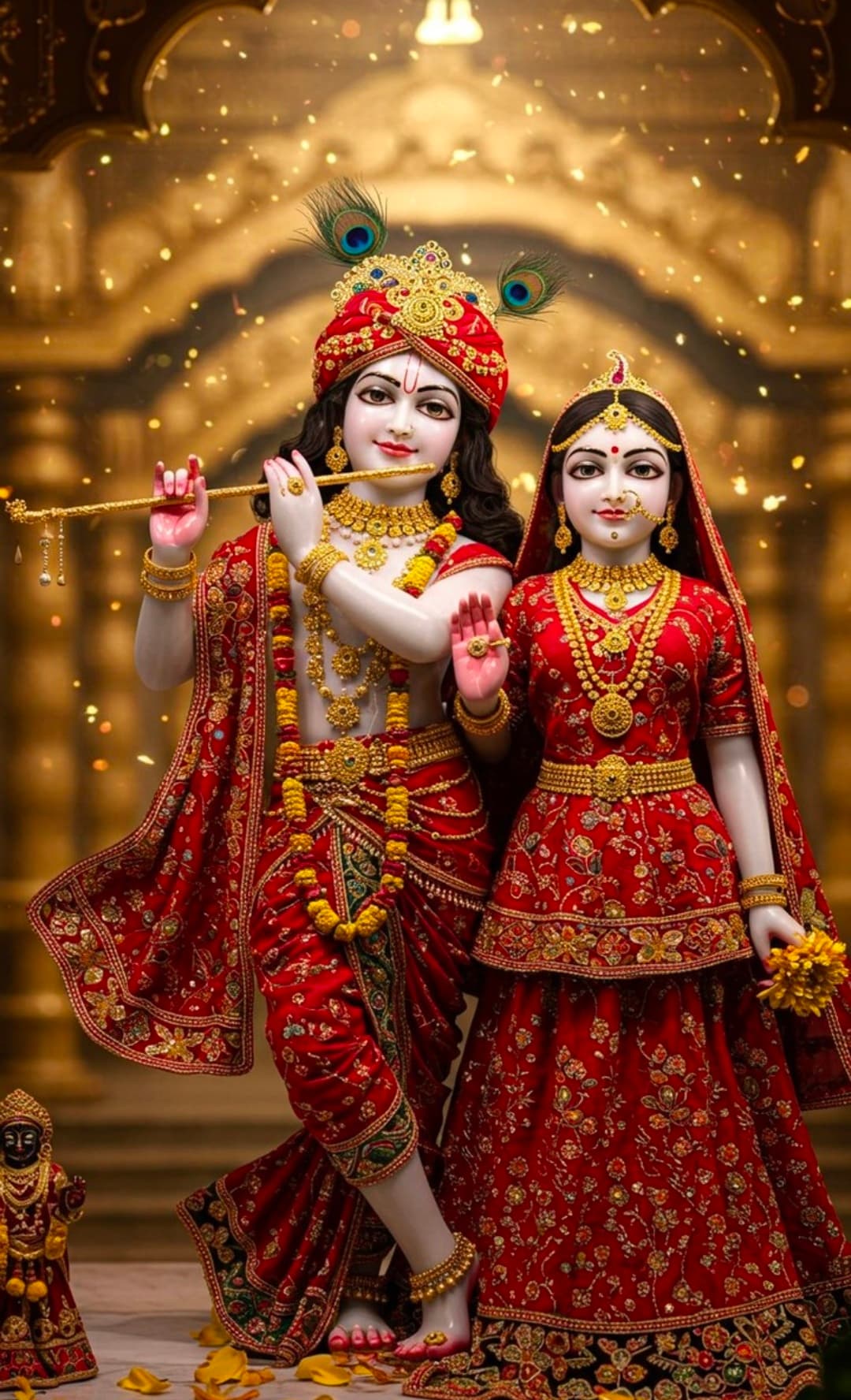 Radha Krishna in red attire with flute, ornaments, and golden temple background