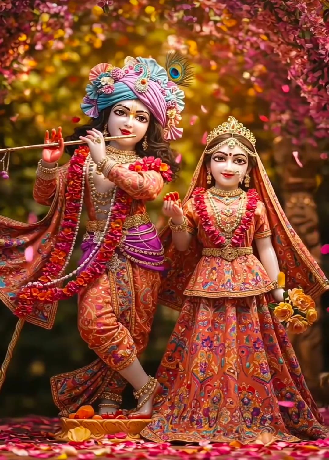 Radha Krishna standing under blossoms with flute, flowers, and garlands
