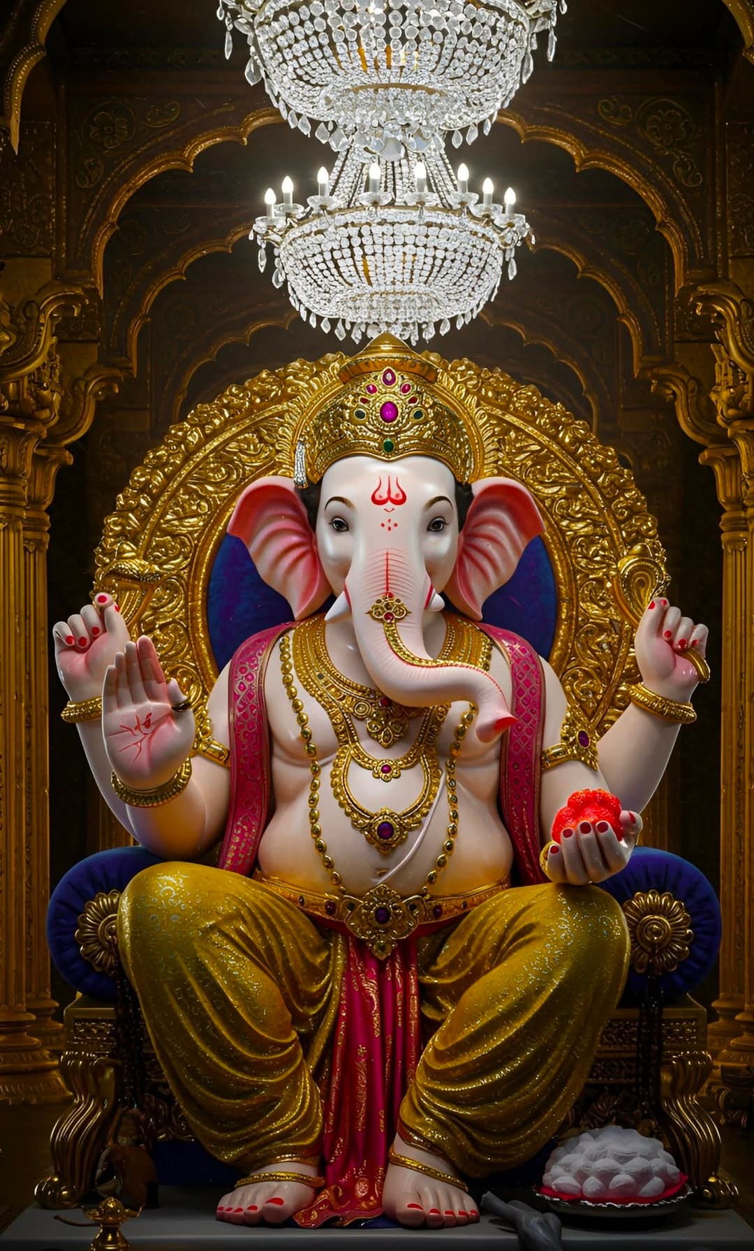 Royal idol of Lord Ganesha with crown, jewelry, and Modak in hand