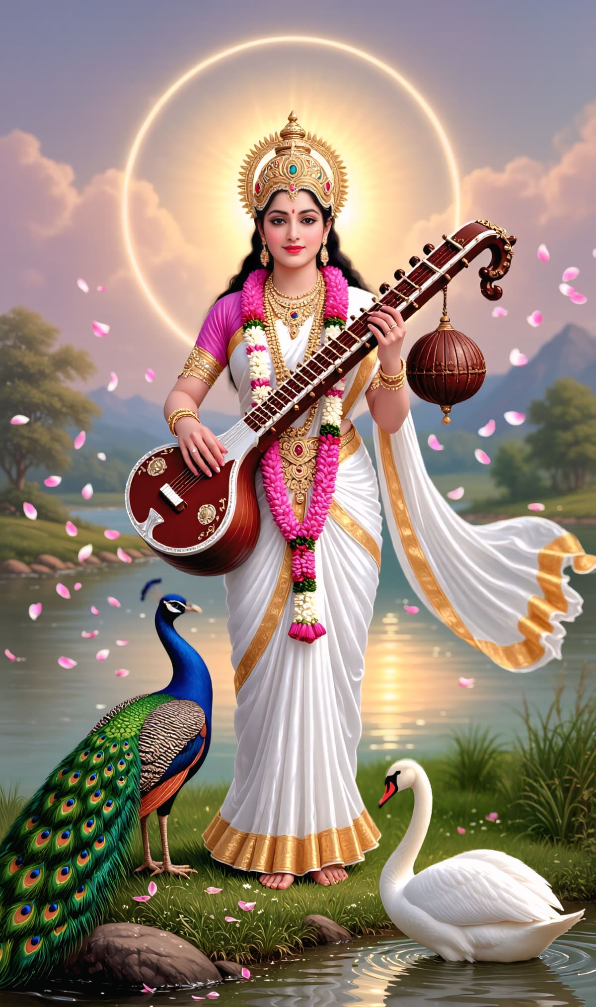 Goddess Saraswati with veena beside peacock and swan, HD image free download.