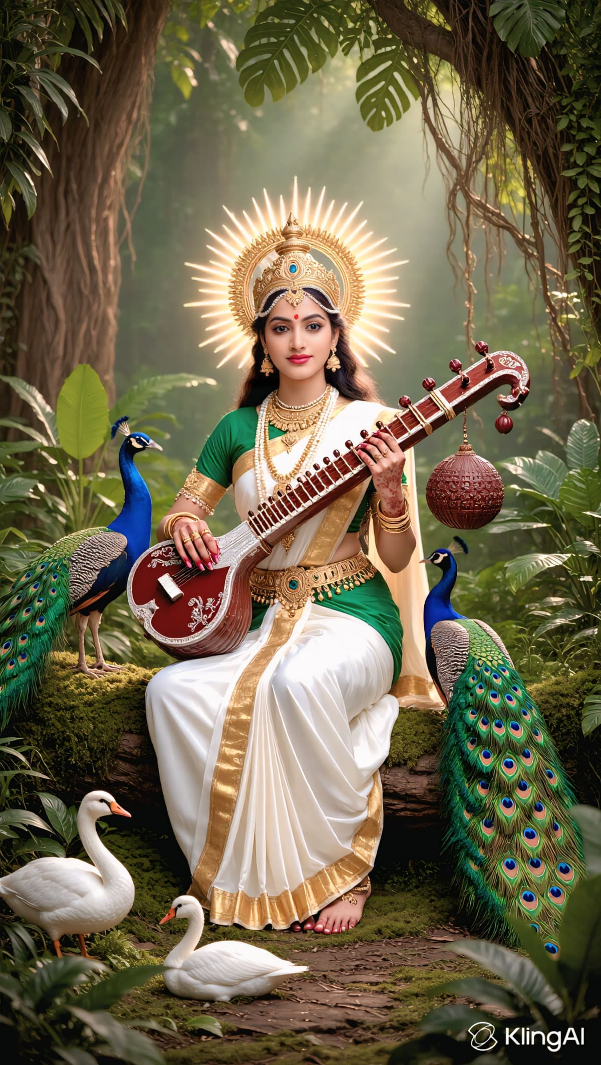 HD image of Goddess Saraswati with peacock and veena in forest.