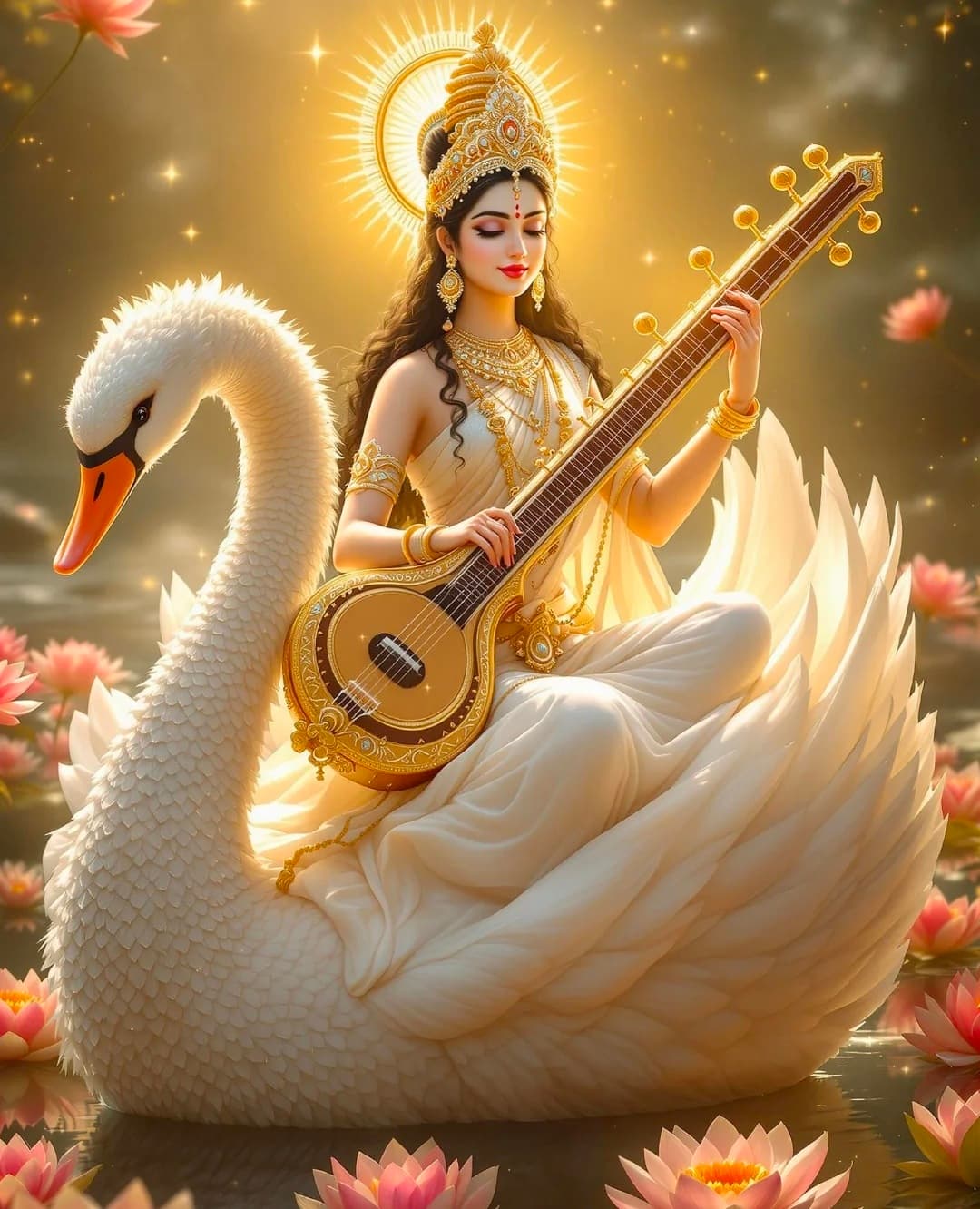 Goddess Saraswati seated on a white swan, playing the veena, with lotus flowers around.